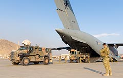 RAAF C-17A withdraws Bushmasters and Unimogs from Kabul